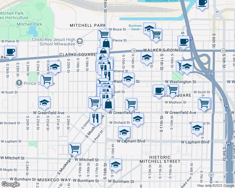 map of restaurants, bars, coffee shops, grocery stores, and more near 1222 South 15th Place in Milwaukee