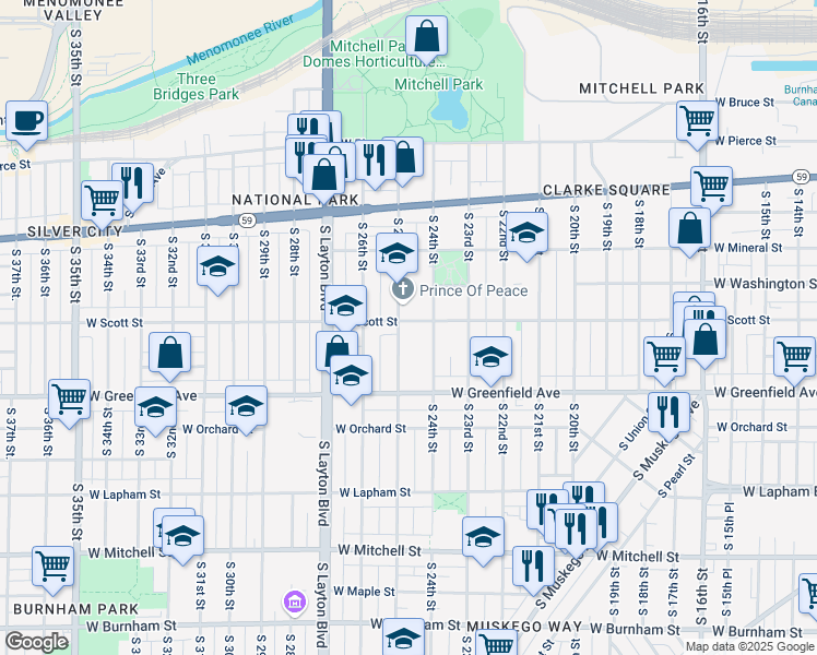 map of restaurants, bars, coffee shops, grocery stores, and more near 1223 South 25th Street in Milwaukee