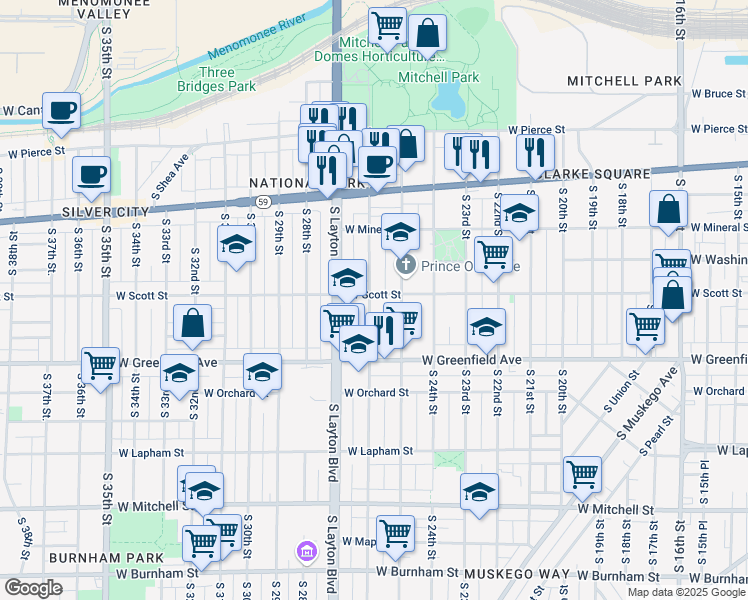 map of restaurants, bars, coffee shops, grocery stores, and more near 1222 South 26th Street in Milwaukee