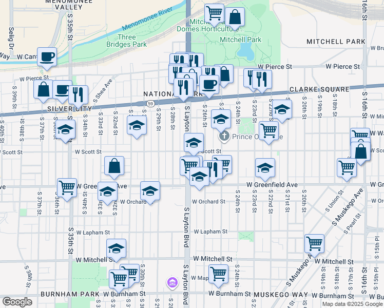 map of restaurants, bars, coffee shops, grocery stores, and more near 1221 South Layton Boulevard in Milwaukee