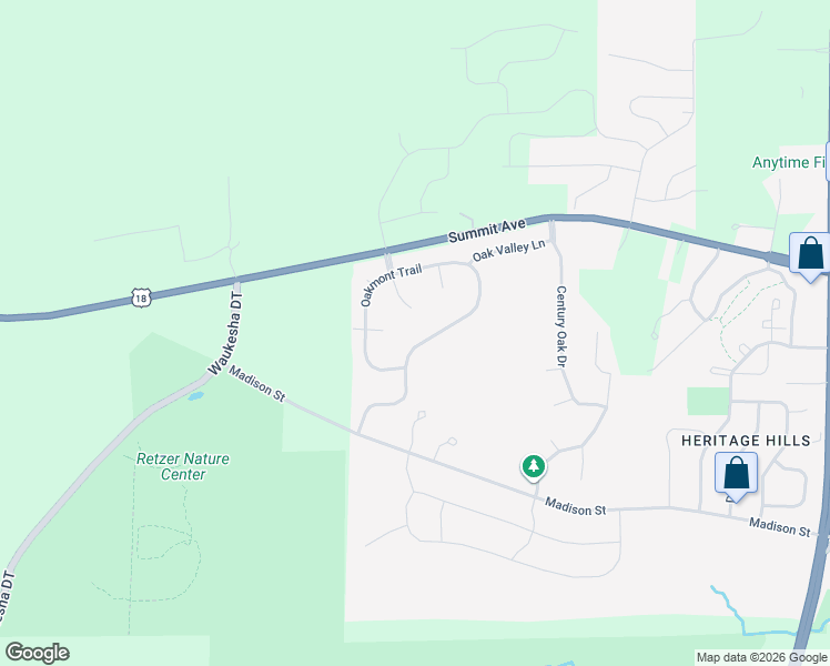 map of restaurants, bars, coffee shops, grocery stores, and more near 3907 Oakmont Trail in Waukesha