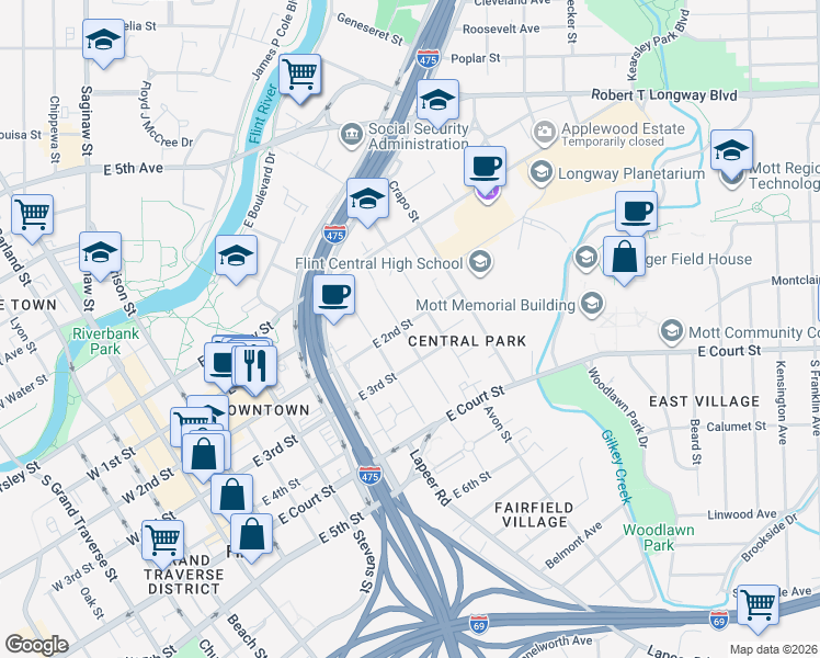 map of restaurants, bars, coffee shops, grocery stores, and more near 802 East 2nd Street in Flint