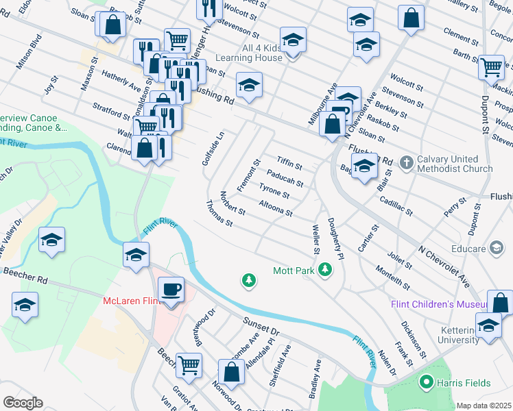 map of restaurants, bars, coffee shops, grocery stores, and more near 2535 Altoona Street in Flint