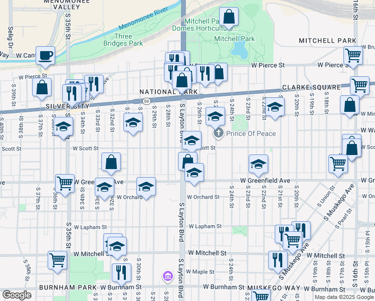 map of restaurants, bars, coffee shops, grocery stores, and more near 1221 South Layton Boulevard in Milwaukee