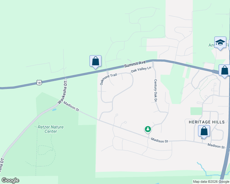 map of restaurants, bars, coffee shops, grocery stores, and more near 3907 Oakmont Trail in Waukesha