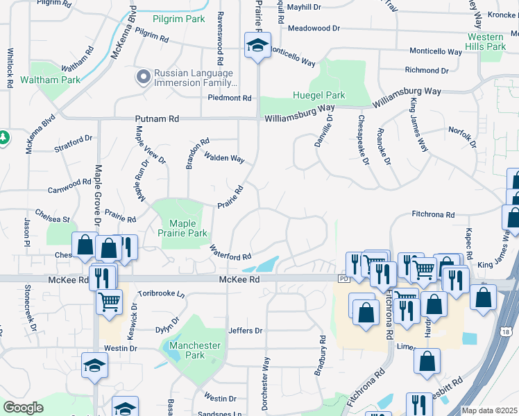 map of restaurants, bars, coffee shops, grocery stores, and more near 5401 Preston Road in Madison
