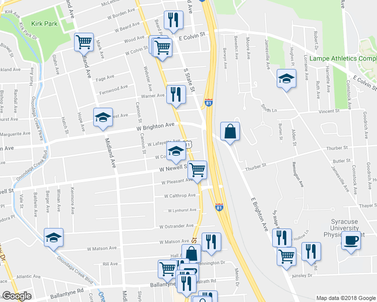 map of restaurants, bars, coffee shops, grocery stores, and more near 102 East Newell Street in Syracuse