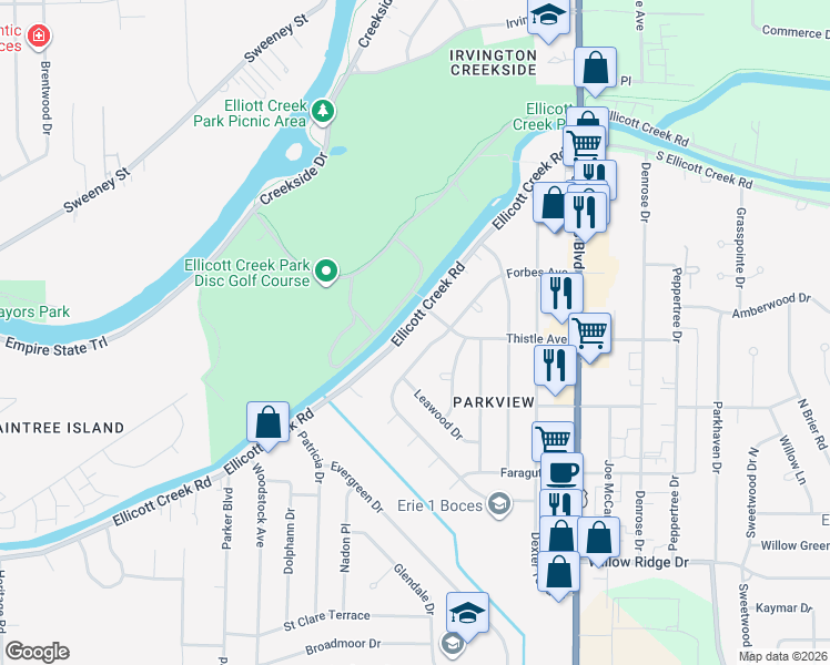 map of restaurants, bars, coffee shops, grocery stores, and more near 1316 Ellicott Creek Road in Tonawanda