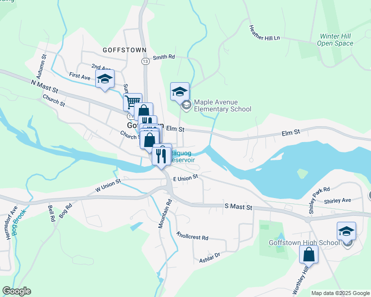 map of restaurants, bars, coffee shops, grocery stores, and more near 20 Mill Street in Goffstown