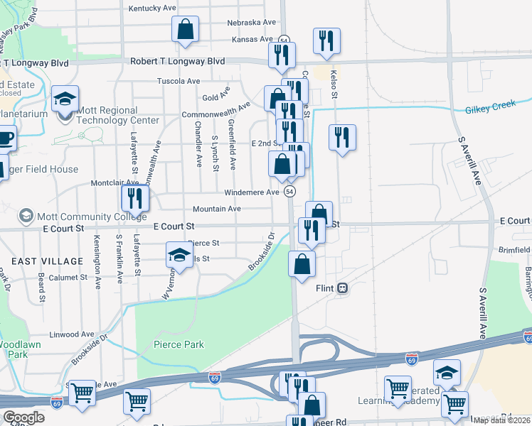 map of restaurants, bars, coffee shops, grocery stores, and more near 2618 Mountain Avenue in Flint