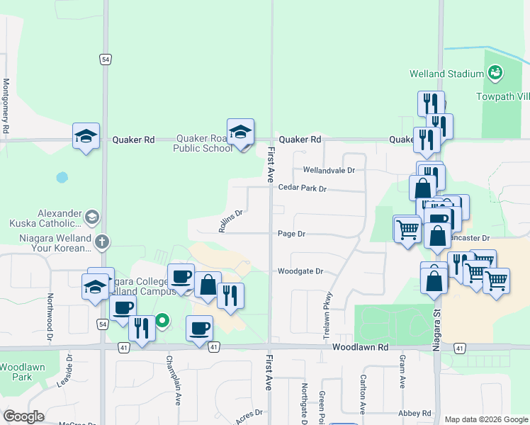 map of restaurants, bars, coffee shops, grocery stores, and more near 597 First Avenue in Welland