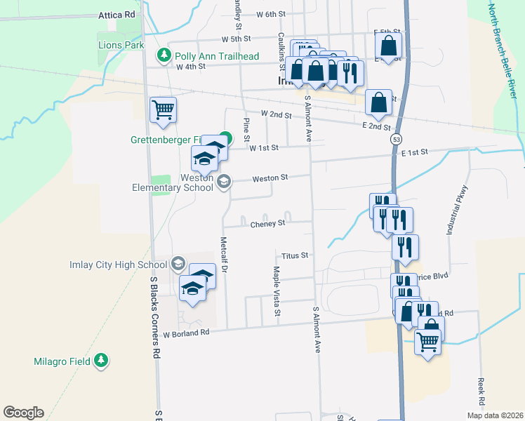 map of restaurants, bars, coffee shops, grocery stores, and more near 316 Cheney Street in Imlay City