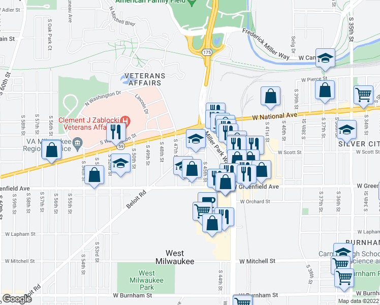 map of restaurants, bars, coffee shops, grocery stores, and more near W Beloit Rd & S 46th St in West Milwaukee