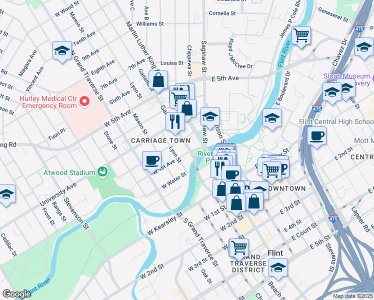 map of restaurants, bars, coffee shops, grocery stores, and more near 221 West 1st Avenue in Flint
