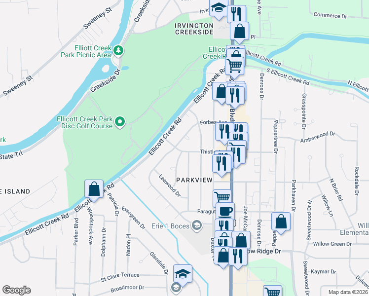 map of restaurants, bars, coffee shops, grocery stores, and more near 62 Thistle Avenue in Tonawanda