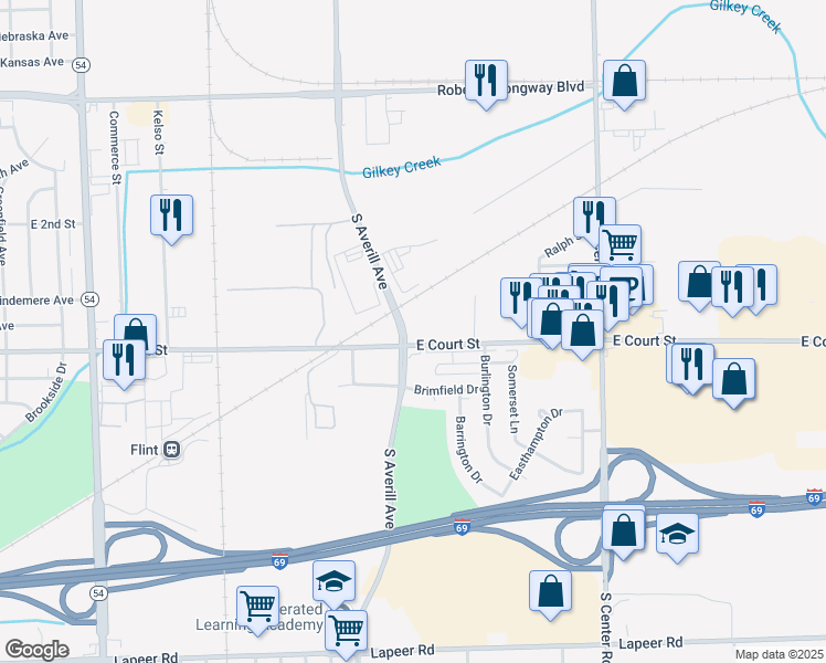 map of restaurants, bars, coffee shops, grocery stores, and more near 3401 East Court Street in Flint