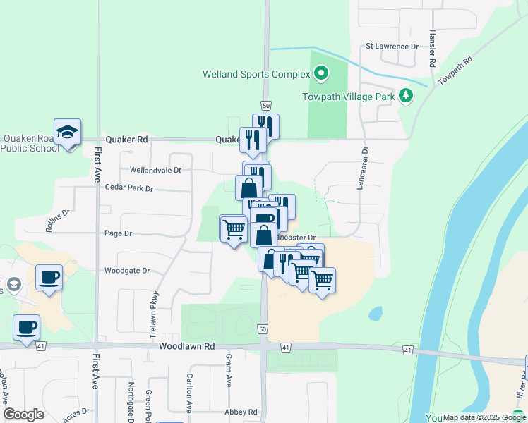 map of restaurants, bars, coffee shops, grocery stores, and more near 852 Niagara Street in Welland