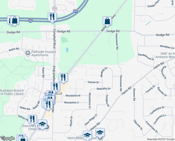 map of restaurants, bars, coffee shops, grocery stores, and more near 84 Stonington Lane in Getzville