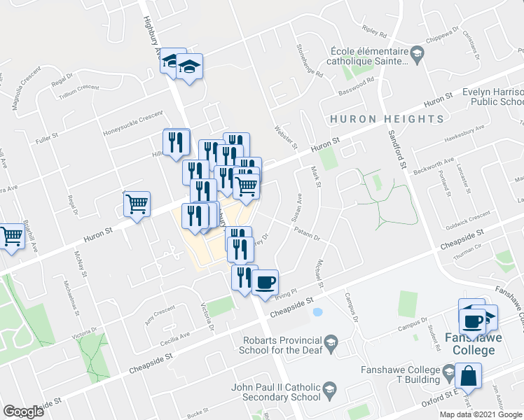 map of restaurants, bars, coffee shops, grocery stores, and more near 159 Godfrey Drive in London