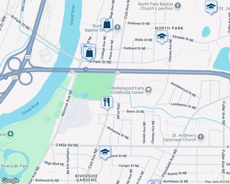 map of restaurants, bars, coffee shops, grocery stores, and more near 3047 Effie Place Northeast in Grand Rapids