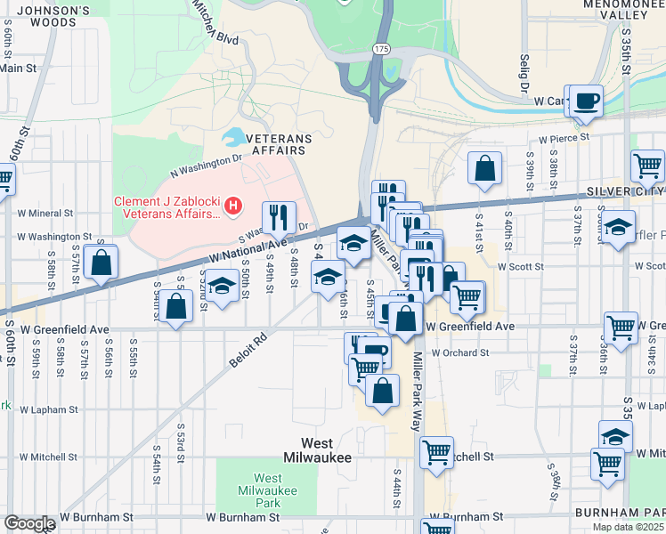 map of restaurants, bars, coffee shops, grocery stores, and more near 4619 Beloit Road in West Milwaukee
