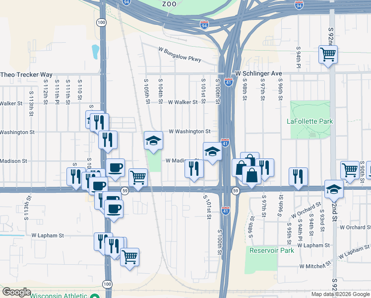 map of restaurants, bars, coffee shops, grocery stores, and more near 1236 South 102nd Street in West Allis