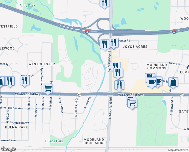 map of restaurants, bars, coffee shops, grocery stores, and more near 1250 Club Circle in Brookfield