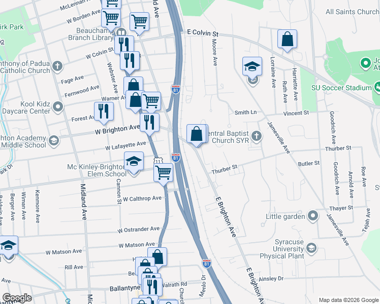 map of restaurants, bars, coffee shops, grocery stores, and more near 348 East Brighton Avenue in Syracuse