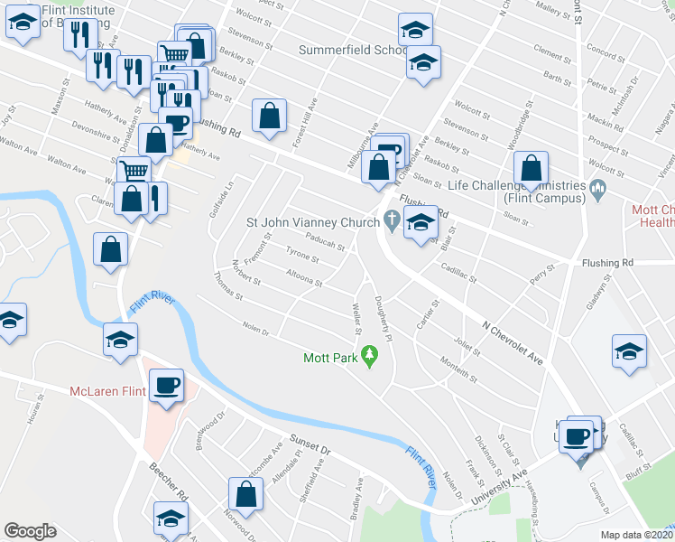 map of restaurants, bars, coffee shops, grocery stores, and more near 615 Marquette Street in Flint