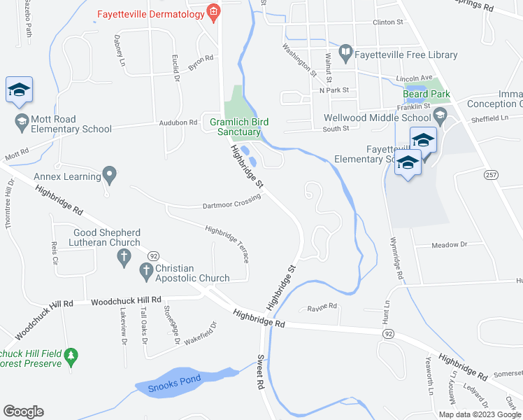 map of restaurants, bars, coffee shops, grocery stores, and more near 5125 Highbridge Street in Fayetteville