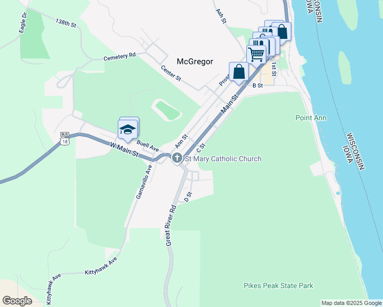 map of restaurants, bars, coffee shops, grocery stores, and more near 629 Main Street in McGregor
