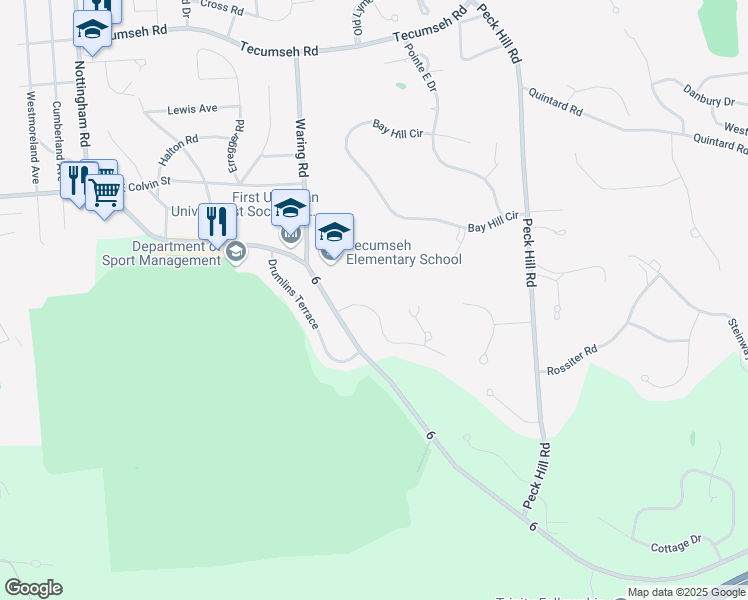 map of restaurants, bars, coffee shops, grocery stores, and more near 6007 Westcliffe Road in Jamesville