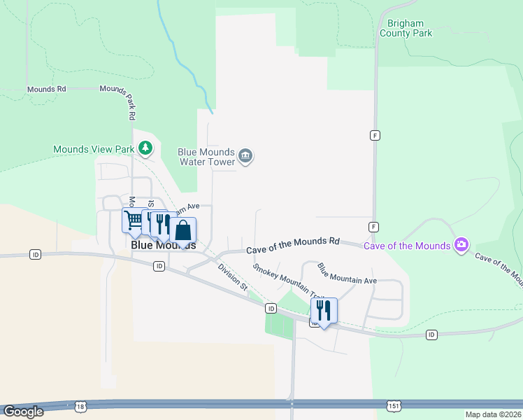 map of restaurants, bars, coffee shops, grocery stores, and more near 10918 Cave of the Mounds Road in Blue Mounds