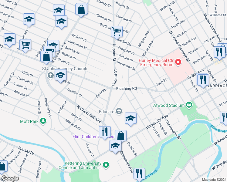 map of restaurants, bars, coffee shops, grocery stores, and more near 1717 Flushing Road in Flint