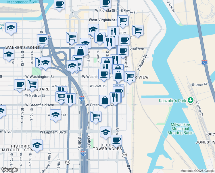map of restaurants, bars, coffee shops, grocery stores, and more near 6 W Scott St in Milwaukee