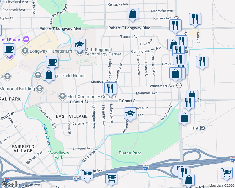 map of restaurants, bars, coffee shops, grocery stores, and more near 2025 East Court Street in Flint