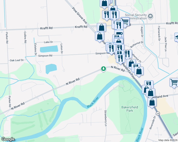 map of restaurants, bars, coffee shops, grocery stores, and more near 3112 North River Road in Fort Gratiot Township