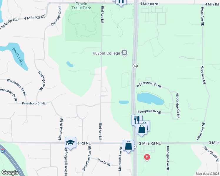 map of restaurants, bars, coffee shops, grocery stores, and more near 3102 Bird Avenue Northeast in Grand Rapids
