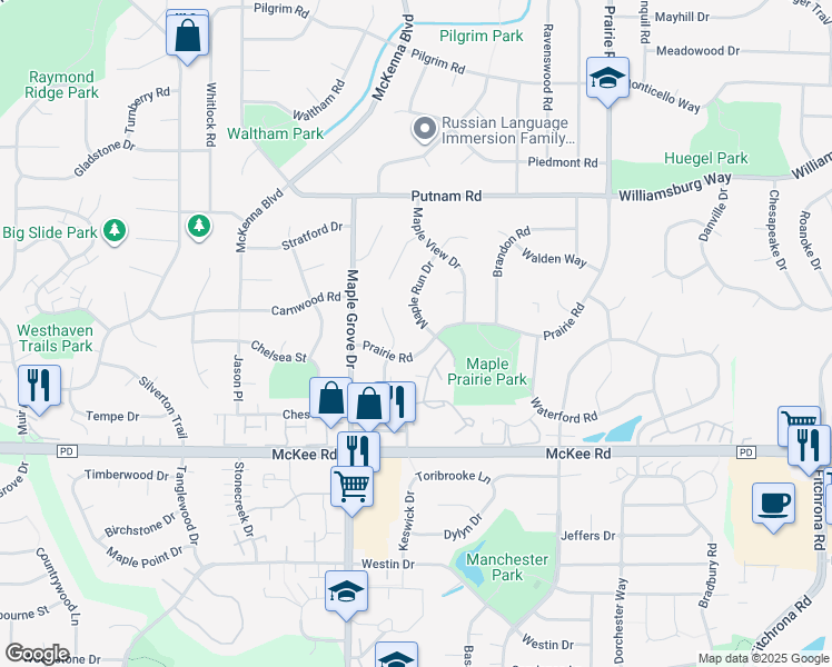 map of restaurants, bars, coffee shops, grocery stores, and more near 3229 Prairie Road in Madison