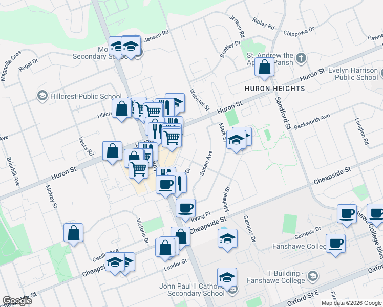 map of restaurants, bars, coffee shops, grocery stores, and more near 50 Godfrey Drive in London