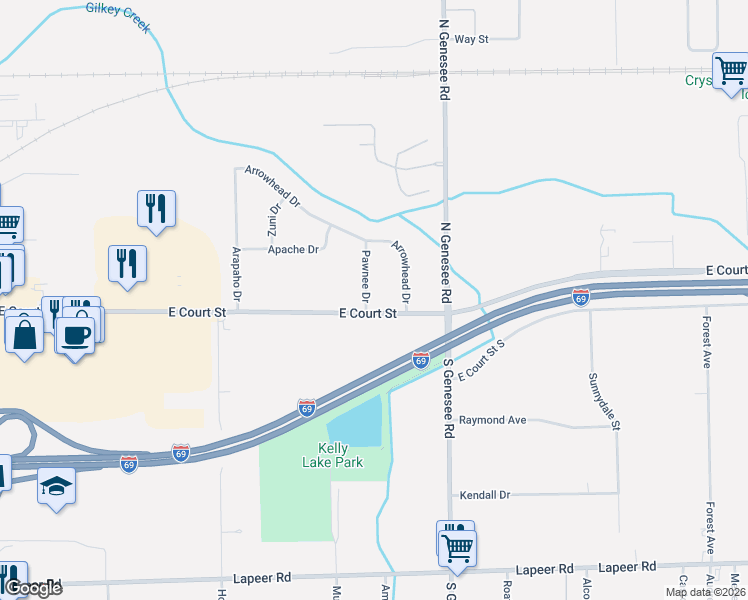 map of restaurants, bars, coffee shops, grocery stores, and more near 4426 East Court Street in Burton