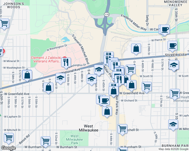 map of restaurants, bars, coffee shops, grocery stores, and more near 4619 Beloit Road in West Milwaukee
