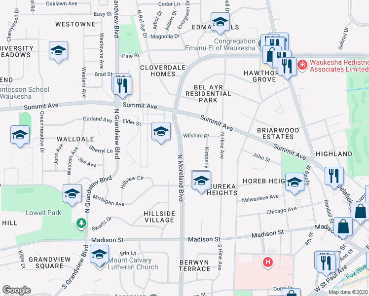 map of restaurants, bars, coffee shops, grocery stores, and more near 443 North Moreland Boulevard in Waukesha