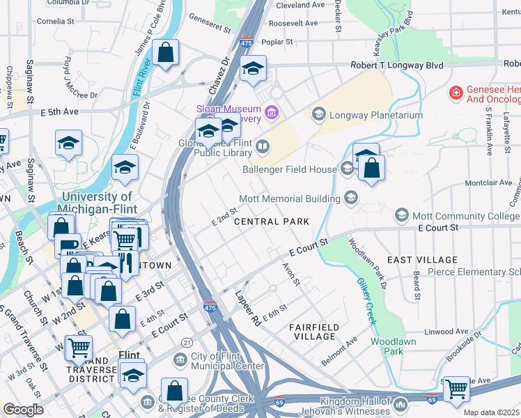 map of restaurants, bars, coffee shops, grocery stores, and more near 715 Avon Street in Flint
