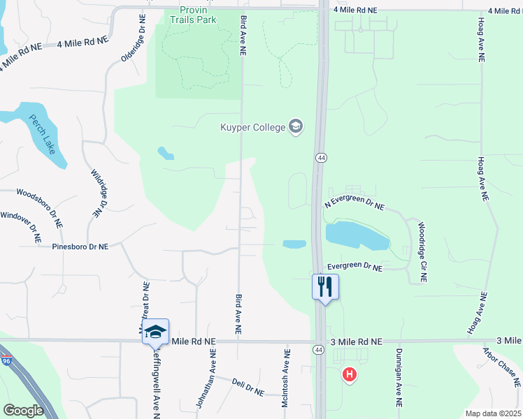 map of restaurants, bars, coffee shops, grocery stores, and more near 3102 Bird Avenue Northeast in Grand Rapids