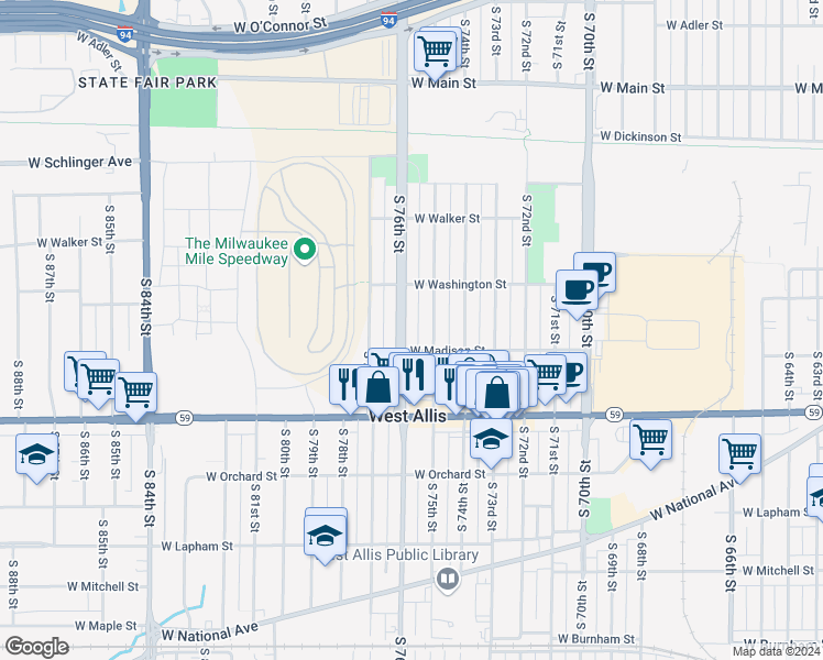 map of restaurants, bars, coffee shops, grocery stores, and more near 1301 South 75th Street in West Allis