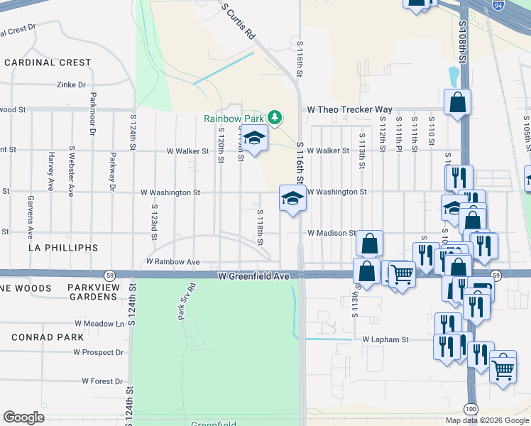 map of restaurants, bars, coffee shops, grocery stores, and more near 1228 South 118th Street in West Allis