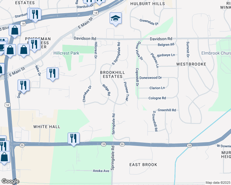 map of restaurants, bars, coffee shops, grocery stores, and more near 1290 Ridge Road in Waukesha