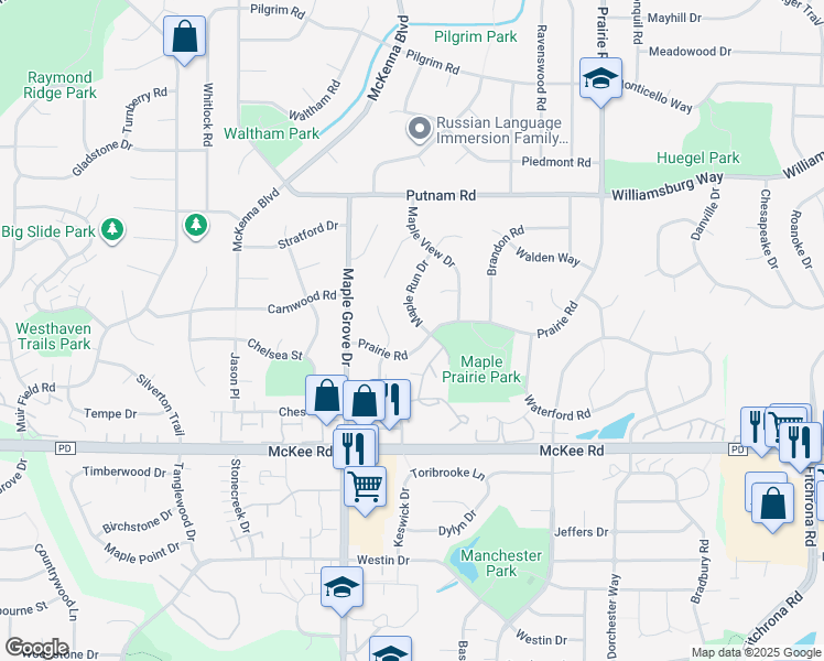 map of restaurants, bars, coffee shops, grocery stores, and more near 3229 Prairie Road in Madison