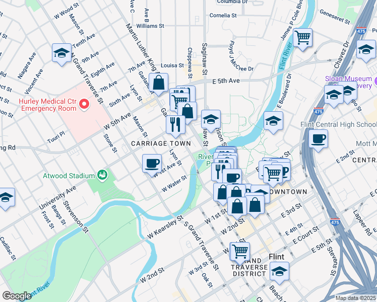 map of restaurants, bars, coffee shops, grocery stores, and more near 413 Garland Street in Flint